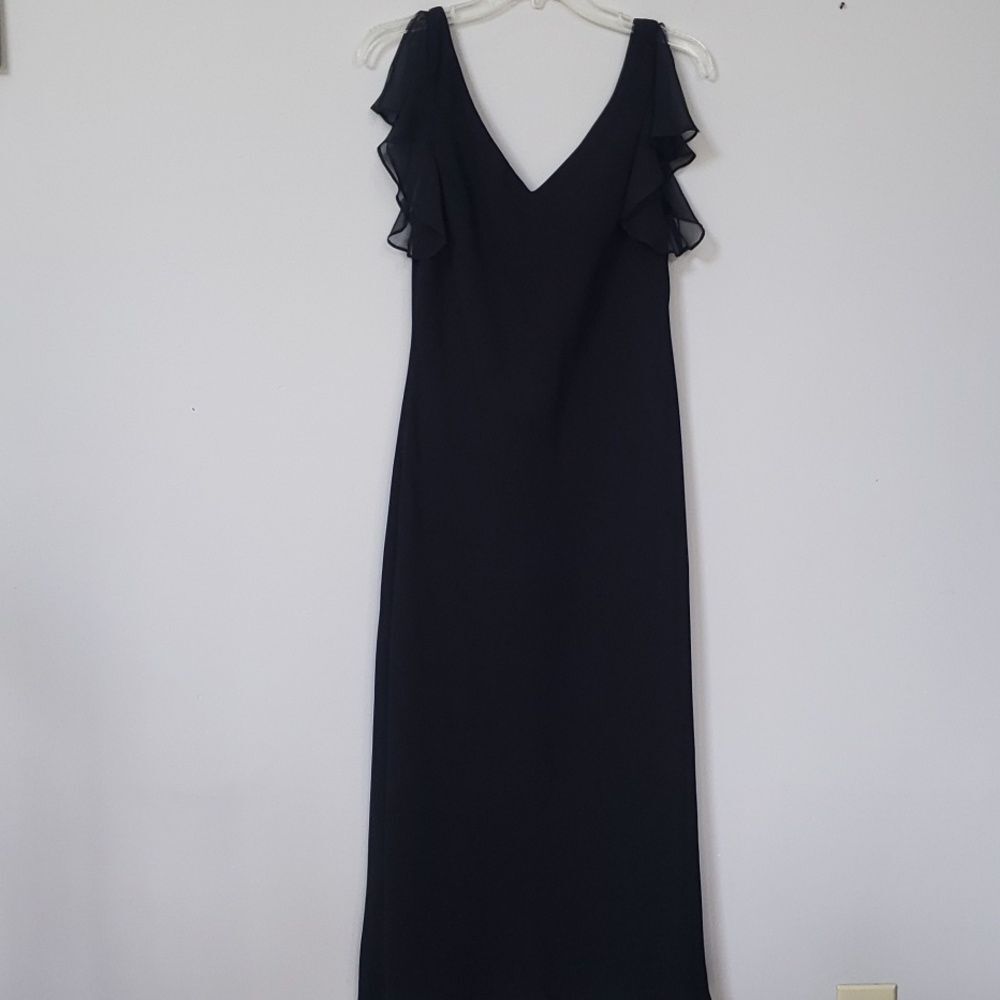 Vtg Jones New York Elegant Black Evening Dress Mermaid Chiffon Flounce Accents